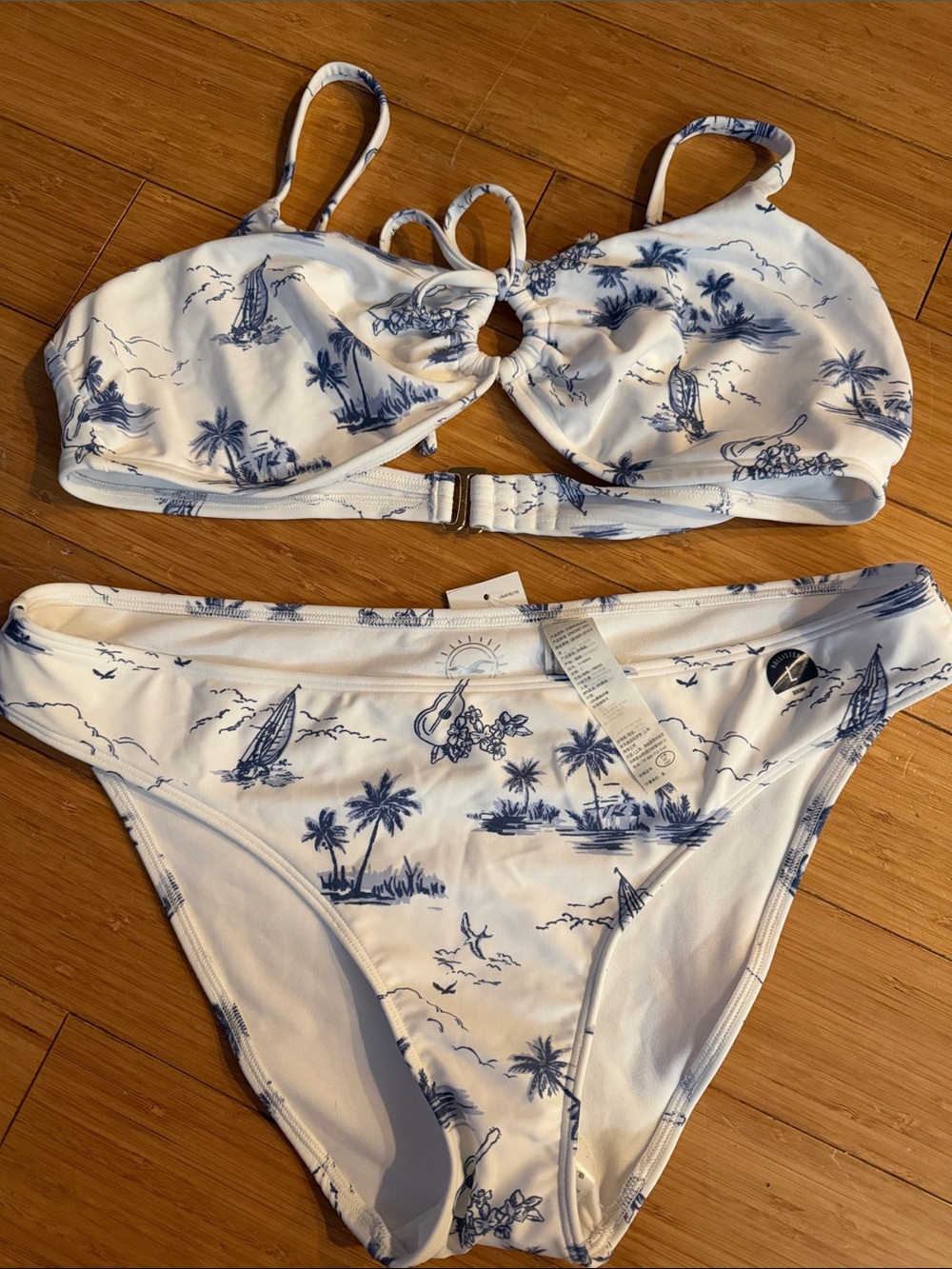 Hollister White and Navy Blue Tropical Print Bikini